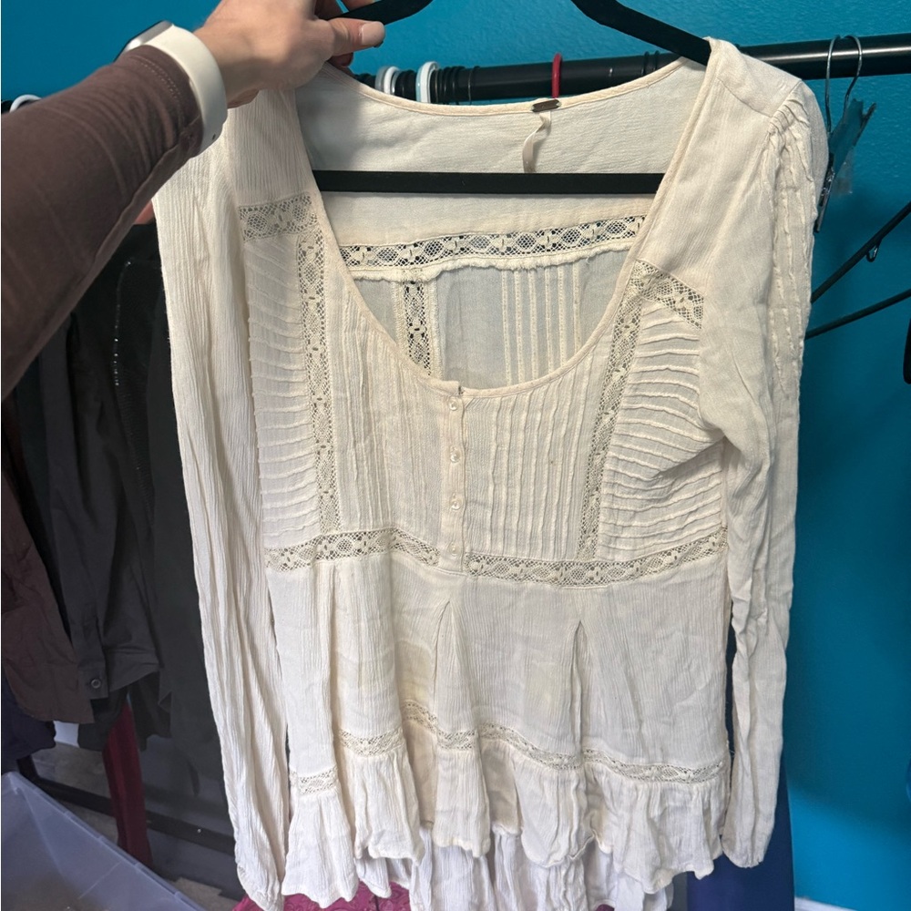 Free People Cream Lace-Trim Long Sleeve Tunic